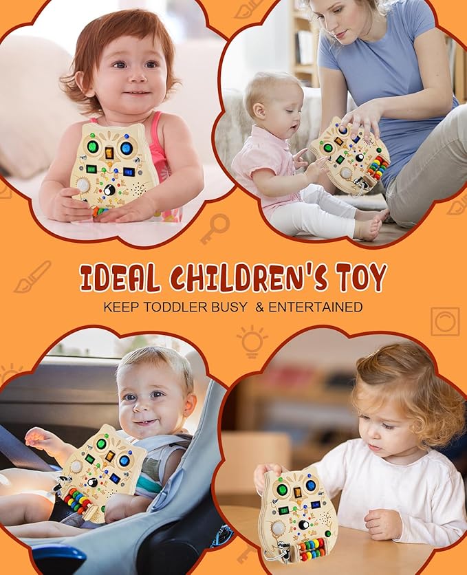 Busy Board,Montessori Wooden Sensory Toy with LED Light Switches, Music, Toddler Light Switch Activity Travel Toys for 1 2 3 Year Old Boys Girls Toddler Toys Gifts