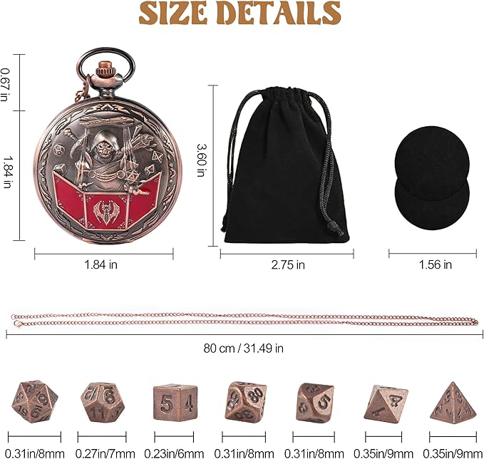 D&D Dice Set,7PCS Metal Dice for Dungeons and Dragons,Mini Dice Set with Pocket Watch Case,Role Playing Board Games Accessories (DM, Copper)