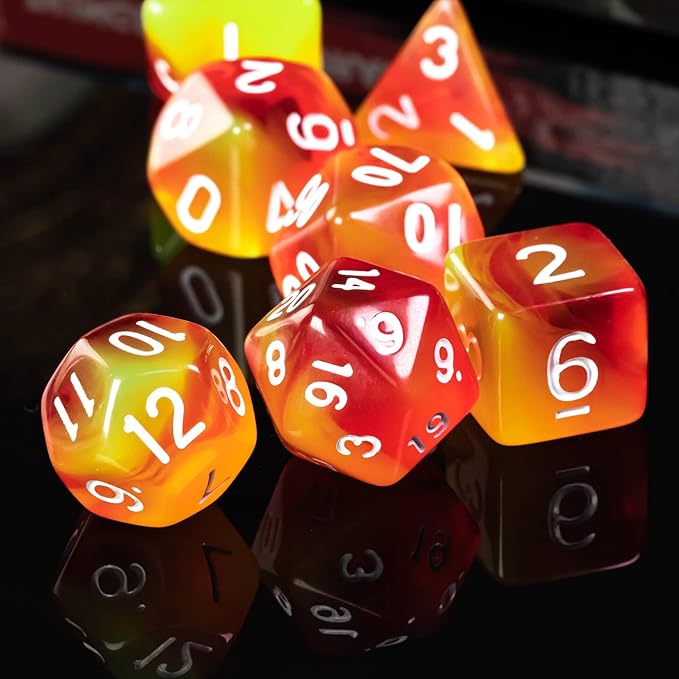 7-Die DND Dice Set Polyhedral Dice Set with a Leather Dice Bag, D&D Dice Set for Dungeons and Dragons, RPG, MTG Table Games (T/Red Yellow)