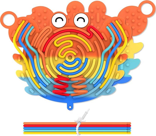 Silicone Sensory Activity Board,Double-Sided Busy Board for Fine Motor Skill,Fidget Toy for Calming, Stress, Anxiety, ADHD , Autism , Silent, No Mess , Kids 3+ & Adults(Crab,Colorful)
