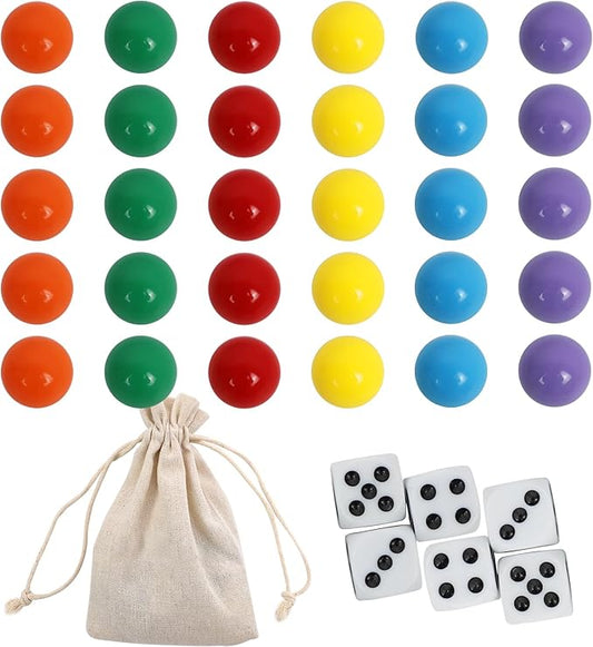 Large Size18MM 30 Wahoo Board Game Replacement Marbles 5 Each of 6 Colors 6 Dice and a Play Bag for Wahoo Board Game