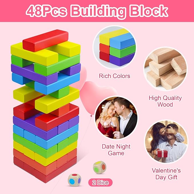 48Pcs Super Naughty Block Tower Game, Lust Tower, Date Night Ideas, Valentine Tumbling Tower Stacking Blocks Game, Couples Games, Valentines Day Gifts for Him, Funny Challenges