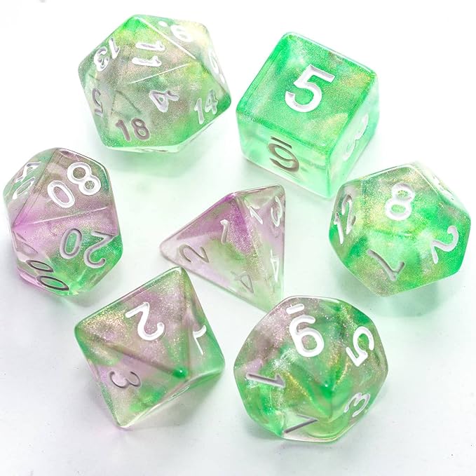 7-Die DND Dice Set Polyhedral Dice Set with a Leather Dice Bag, D&D Dice Set for Dungeons and Dragons, RPG, MTG Table Games (Green Pink/Glitter)