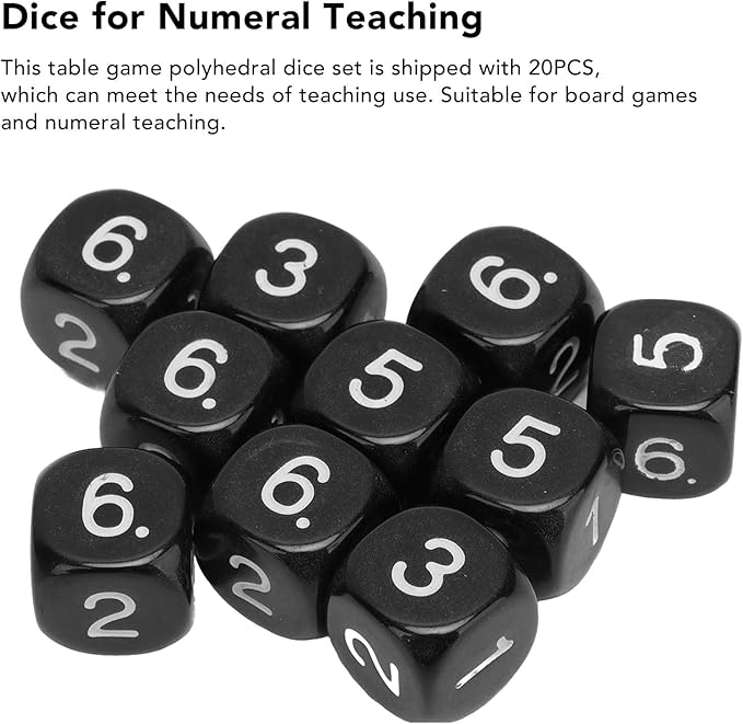 Number Dice, 20PCS Plastic 6 Sided Game Dice 16mm Round Corner Polyhedral Dice Set for Numeral Teaching Board Games (Black)