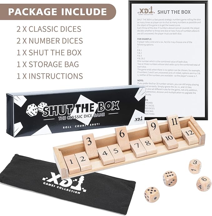 Shut The Box Dice Game Board Game | Travel Size 11'' Wooden | 12 Numbers | 2 Classic Dice & 2 Number Dice | Storage Bag | Instructions | Math Learning Classroom | Kids, Adults
