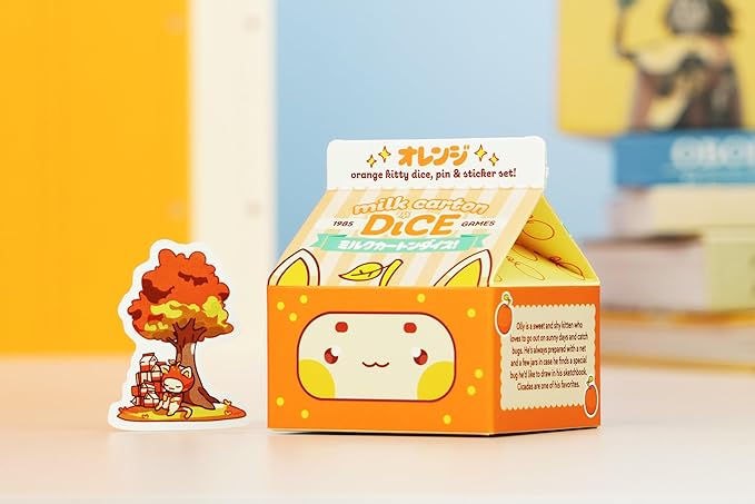 1985 Games Orange Kawaii Cat Dice Set – Milk Carton-Inspired Dice for DND | TTRPGs & Tabletop Roleplaying