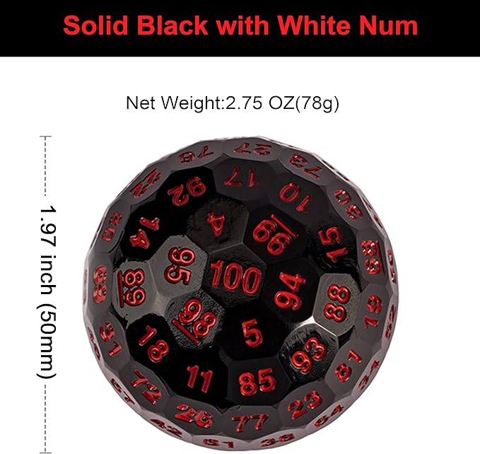Upgraded 100 Sided Polyhedral Dice (D100), 50mm, Black/Red Font, Single Die, D&D Game Dice, Metal Storage Tin