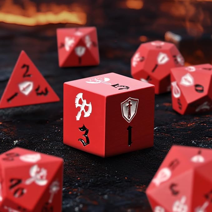 7PCS Metal Dice Set for Dungeons and Dragons,Class Icons Dice,Role Playing Board Games Accessories (Red)
