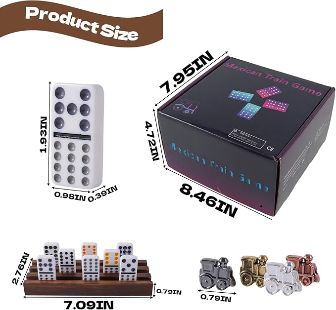 Mexican Train Dominoes Set with Wooden Hub, 91 Domino Tile Board Games Includes Metal Train Markers Color Dot Double Twelve Set with 4 Woodentile Rack for Family Game Night(Burnt Color)