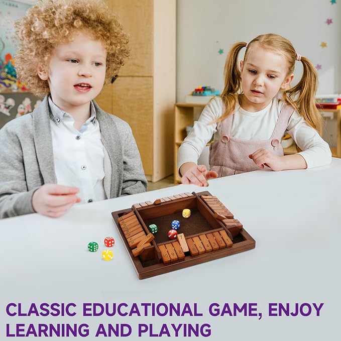 Shut The Box Dice Game, 10 Numbers Traditional Wooden Pub Bar Board Game, Family Classics Tabletop Version Games for Classroom, Party, or Pub
