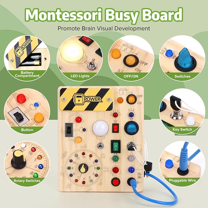 Busy Board 【Plus Version】 with 23 LED Light,Montessori Toy for 1+ Year Old,Engaging Sensory Board for Fine Motor Skills,Gifts & Travel Toys for Toddlers 1-3