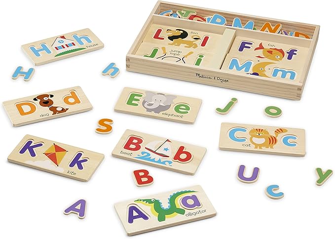 Melissa & Doug ABC Picture Boards - Educational Toy With 13 Double-Sided Wooden Boards and 52 Letters , White