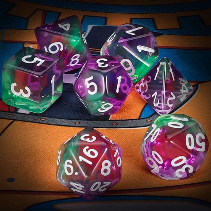 QMAY DND Dice Set -D&D Polyhedral Dice (7 Pcs) for Dungeons and Dragons (Purple Green Transparent)