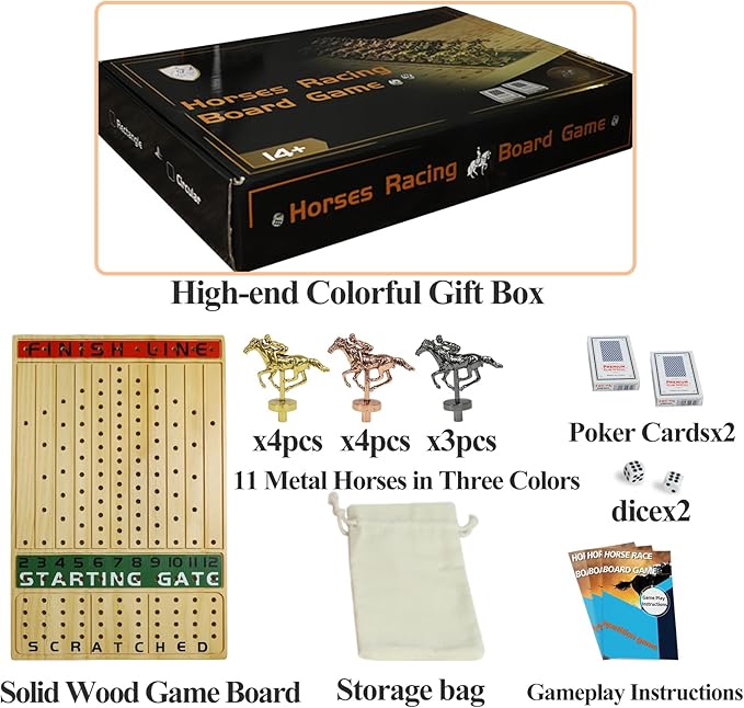 Metal Horse Racing Board Game Card Board Game Finish Line Luxury Edition Solid Wood Race Game Board 11 Batches of Metal Model Horses 2 Sets of Dice and 2 Boxes of Cards…