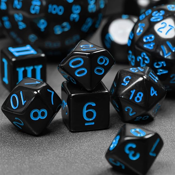 15 Pieces Complete Polyhedral DND Dice Set D3-D100 Spherical D&D Dice Set with Dragon Eye Dice Bag, D100 Dice for Dungeons and Dragons, RPG, MTG Table Games(Black w/Blue Numbers)