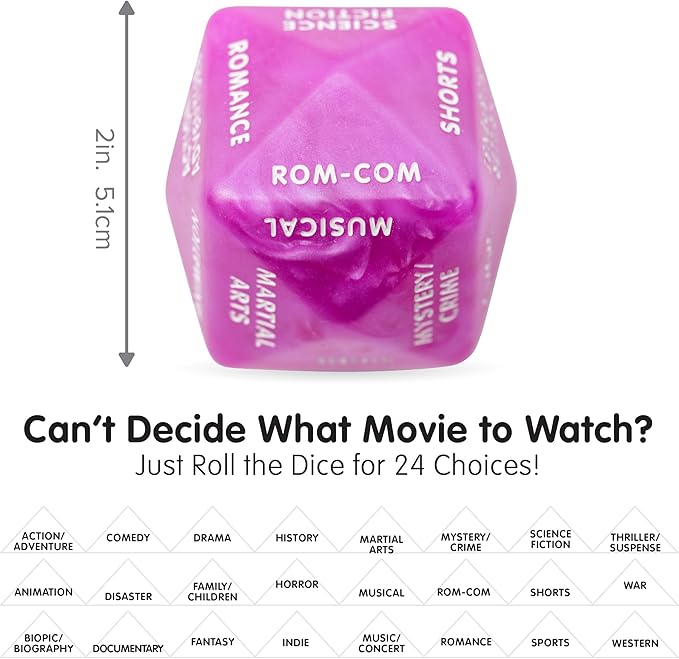 Movie Dice - Fun Couples Movie Date Night Ideas 2"x2"x2" Decision Dice in Purple