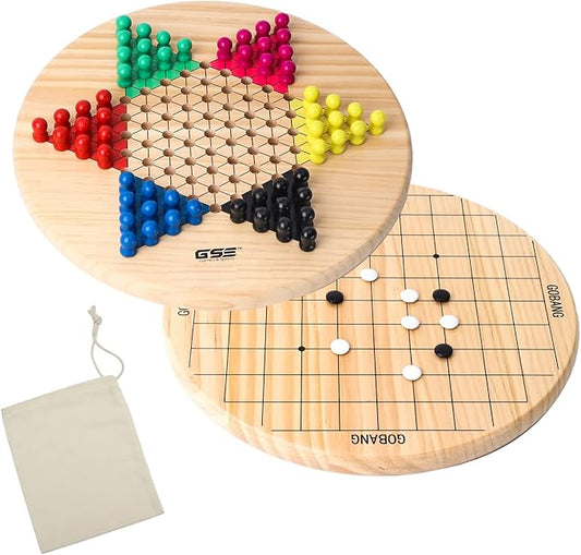 GSE Games & Sports Expert 11.5" Natural Wood 2-in-1 Chinese Checkers and Gobang Board Game Set with 66 Colorful Wooden Pegs and Stones, Classic Strategy Game for Kids & Adults