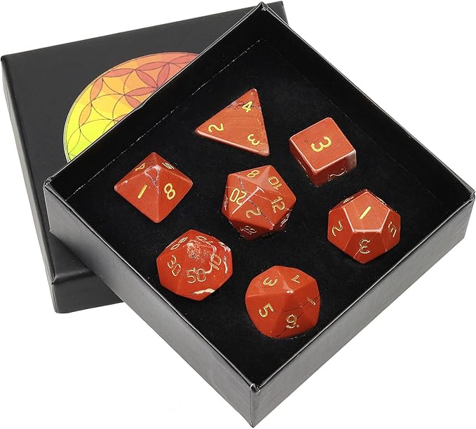 TUMBEELLUWA Engraved Crystal Stone Polyhedral Dice Set for RPG MTG Dungeons and Dragons Table Game 7 Pieces DND Board Game Dices with Pouch, Red Jasper