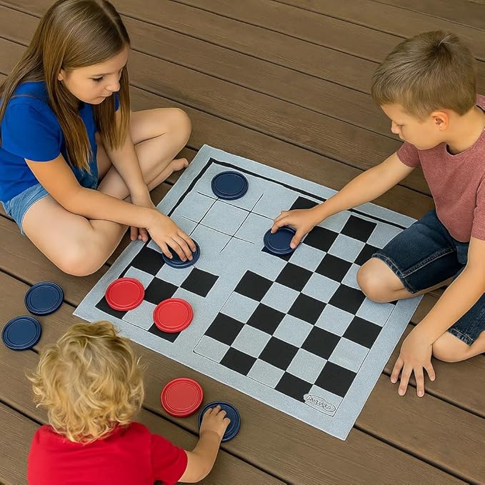 Bolaball 3-in-1 Giant Checkers, Tic Tac Toe Jumbo Game, 26"x26", Reversible Carpet, Indoor Outdoor Yard Board Game for Family and Friends with 24 Chips