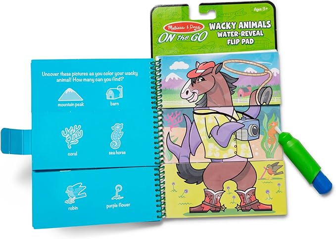 Melissa & Doug On the Go Water Wow! Reusable Water-Reveal Flip Pad - Wacky Animals - Party Favors, Stocking Stuffers, Travel Toys For Toddlers, Mess Free Coloring Books For Kids Ages 3+