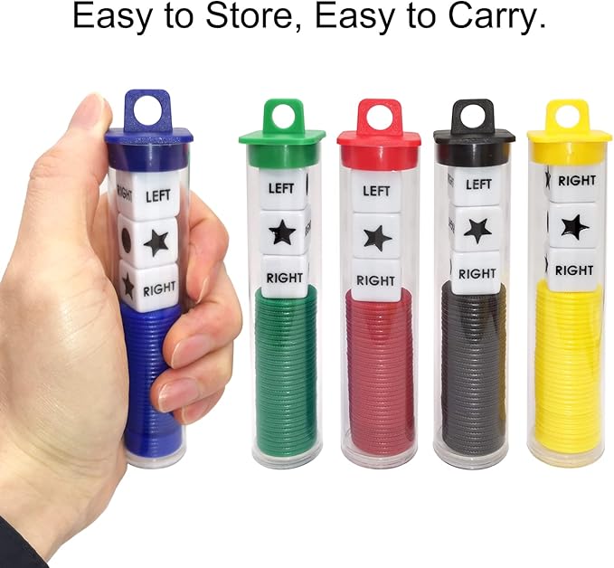 Left Right Center Dice Game Prime Set Bundle with 3 Dices + 30 Chips. Round Tube Storage is Very Convenient for Travel. Easy to Store, Carry Around. (5 Pack)