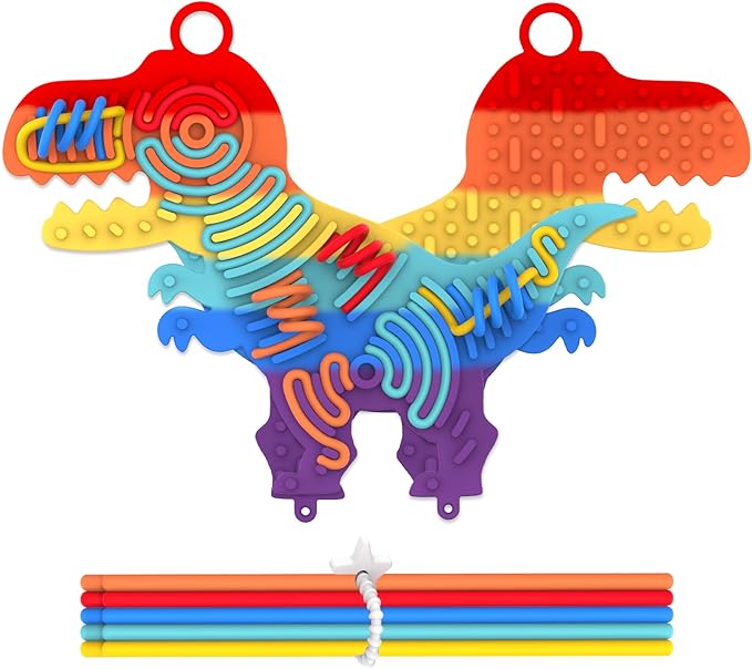 Silicone Sensory Activity Board,Double-Sided Busy Board for Fine Motor Skill,Fidget Toy for Calming, Stress, Anxiety, ADHD , Autism , Silent, No Mess , Kids 3+ & Adults(Dinosaur,Colorful)