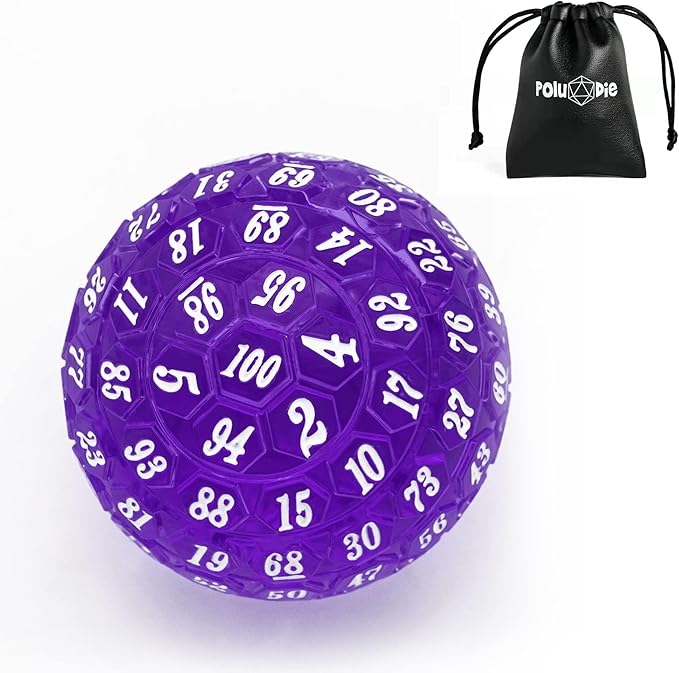 100 Sided Polyhedral Dice, Single D100 Game Dice, 100 Sided Cube with Black Pouch, D100 die 48 mm (Purple with White Number)
