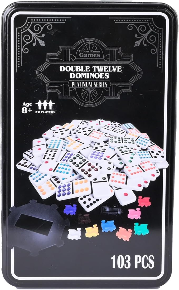 Sunny Days Entertainment Elbow Room Games Double Twelve Dominoes Set with 91 Dominoes, 10 Trains, Starter Piece, Scorepad – Perfect for Mexican Train, Block, and Draw – for 2-8 Players