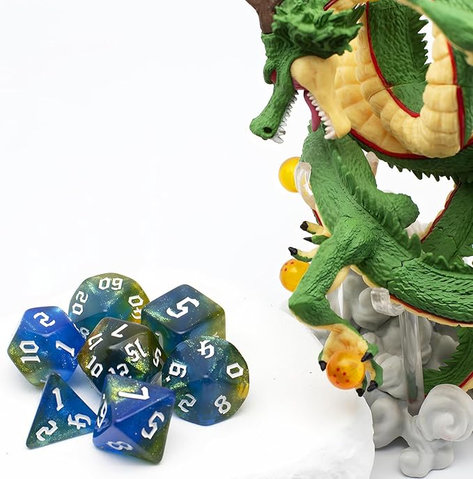 DND Dice Set with Dragon Totem Metal Gife Case, Dungeons and Dragons Dice Set,Polyhedral Dice Set Filled with Shiny Glitters,Role Playing Games and Tabletop Games (Blue&Yellow)