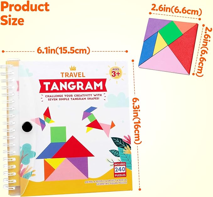 Travel Tangram Puzzle - Magnetic Puzzle Book for Road Trips, STEM Jigsaw Game with 3 Tangram Sets, Patterns Solutions - Brain Teaser IQ Toy for Kids and Adults, Ideal Educational Gift (240)