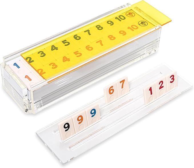 Luxury Rummy Tile Set Game in Handmade Acrylic Case with 4 Racks Included (Yellow)