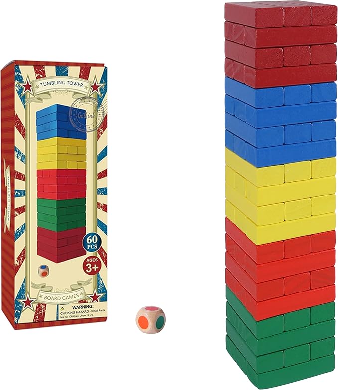 GOTHINK Tumble Tower Game for Kids and Adults, 60pcs Wooden Stacking Board Games Building Blocks for Kids and Family Games Night, Colorful Wood Balancing Blocks Game