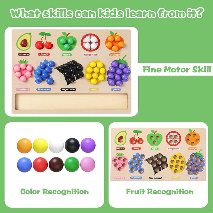 Wooden Board Rainbow Beads Sorting Stacking Counting Games, Toddler Montessori Matching Color Toys Preschool Learning Educational Toys for 3 4 5 Years Old Boys Girls