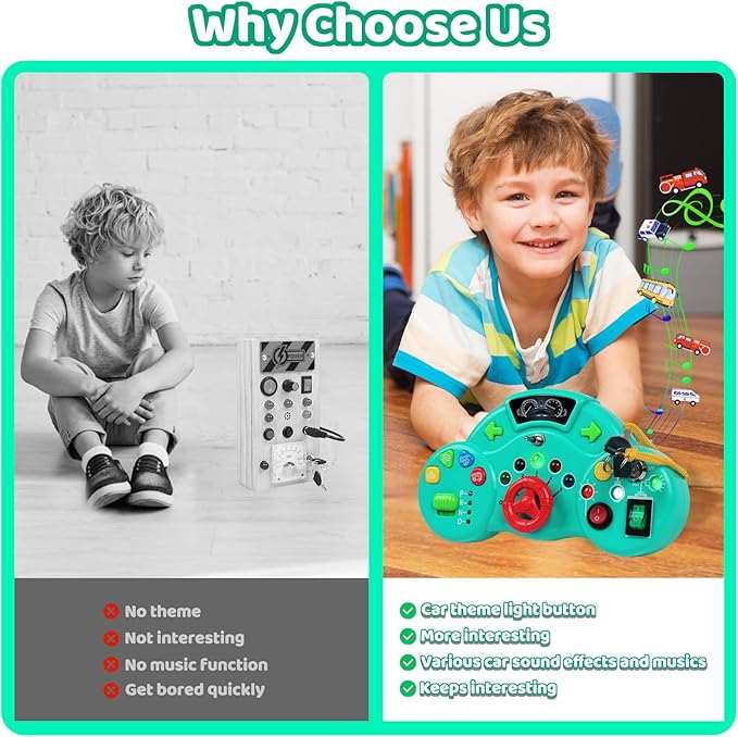 Toddler Busy Board Montessori Toys for 1 2 3 Year Old, Musical LED Light Switch Toys Travel Sensory Learning Toy for Toddlers 1-3, Preschool Educational Activities for Kids 2-4 Boy Girl Birthday Gift