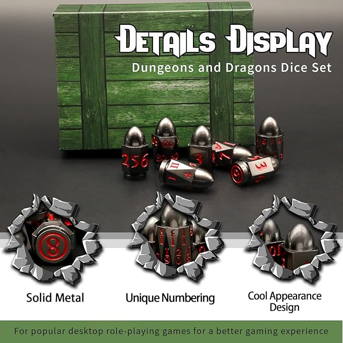 Bullet Dice Set, DND Dice Metal Revolver，ZHOORQI D6 Gun Dice D&D Gifts for Dungeons and Dragons, RPGs(7-Red Number)