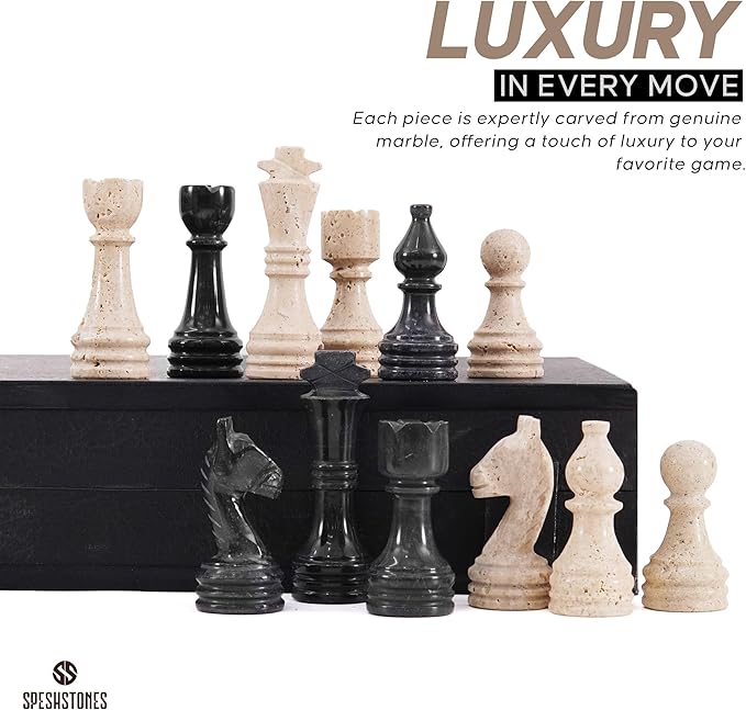 Marble Chess Set 15 Inch Travertine & Black Checkers Board Game with Pieces, 2 Extra Queens and Storage Box, Strategy Set for Adults & Family, Travel, Tabletop Play