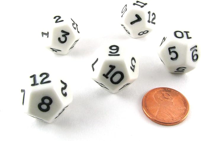 Koplow Games Set of 5 D12 12-Sided 18mm Opaque RPG Dice - White with Black Numbers