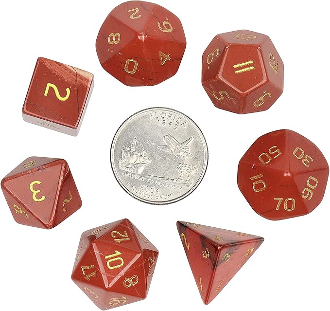 TUMBEELLUWA Engraved Crystal Stone Polyhedral Dice Set for RPG MTG Dungeons and Dragons Table Game 7 Pieces DND Board Game Dices with Pouch, Red Jasper