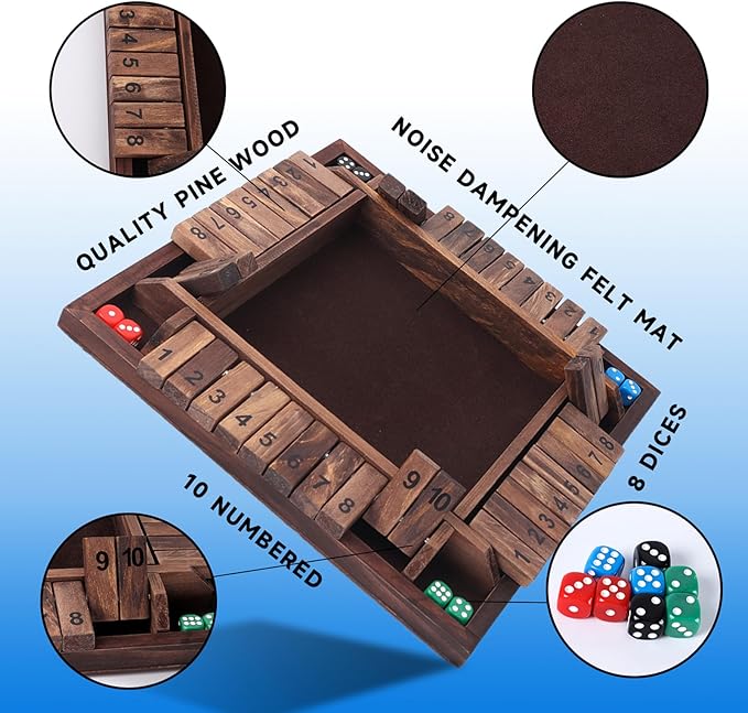 GSE Games & Sports Expert 1-4 Player Wooden Shut The Box Dice Board Game with 8 Dice. 4-Way 10 Numbered Shut The Box Set of Popular English Pub Board Game - Walnut