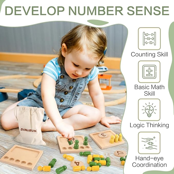 DINORUN Educational Toys for 3 4 5 Year Old Boy Girls Gifts - Preschool Learning Math and Numbers for Toddler 3+ - Math Manipulatives for Kids 3-6 - Montessori Wooden Counting Peg Board Materials