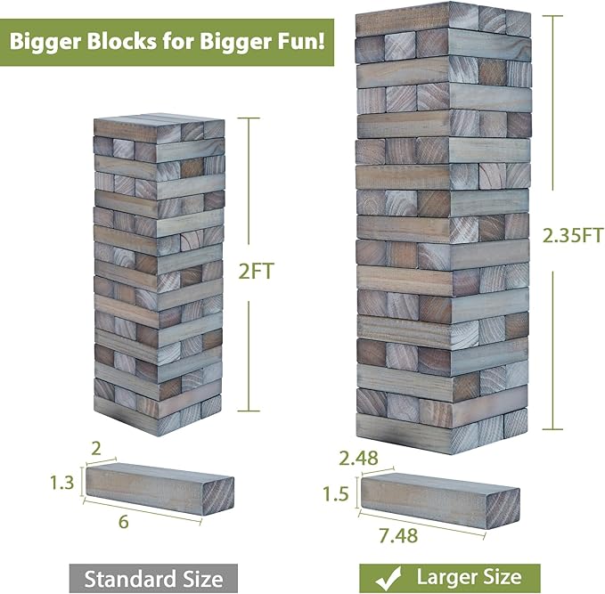 ApudArmis Giant Tumble Tower Stack to Over 5Ft, 56 PCS Pine Wooden Stacking Timber Game with 1 Dice Set - Classic Block Giant Outdoor Game (7.48 * 2.48 * 1.5 in Each Block, Gray)
