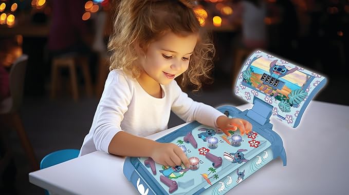 LEXIBOOK, Disney Stitch, Electronic Table Pinball, Action and Reflex Game for Children and Family, LCD Screen, Light and Sound Effects, Blue, JG610D