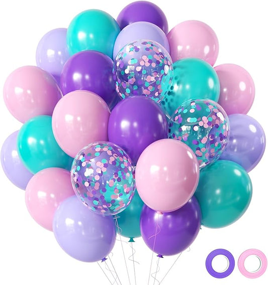 Pink and Purple Party Balloons, 50 Pcs 12 Inches Purple Pink Teal Blue Latex Balloon Purple and Pink Balloons for Girls Birthday Baby Shower, Birthday, Under The Sea Party Decorations