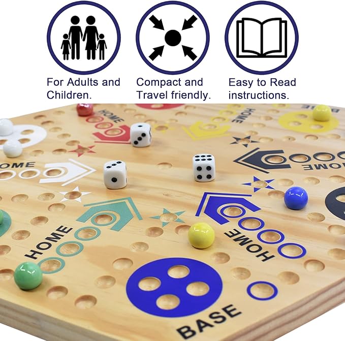 Original Marble Game Wahoo Board Game 16-Inch Double Side Painted Wooden Fast Track Board Game for 6 Player and 4 Player, 6 Colors 36 Glass Marbles 8 Dice for Family Game Night, Friends Party