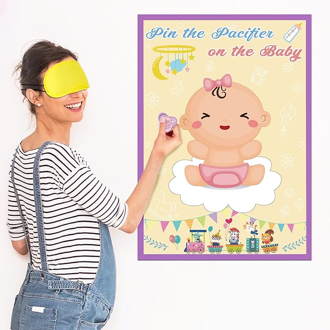 Hooqict Pin The Pacifier on The Baby Game Funny Baby Shower Games for Girls Birthday Party Gender Reveal, Large Baby Shower Activities Poster with 72 Pacifier Stickers