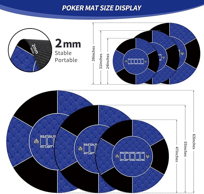 nuveti 24/31/47/55/63inch Round Poker Mat for Texas Holdem | Portable Poker Table Top with Art Deco Layout Print 6-8 Player Game Layout Mat to Play Cards, Poker Games, Blackjack, Casino
