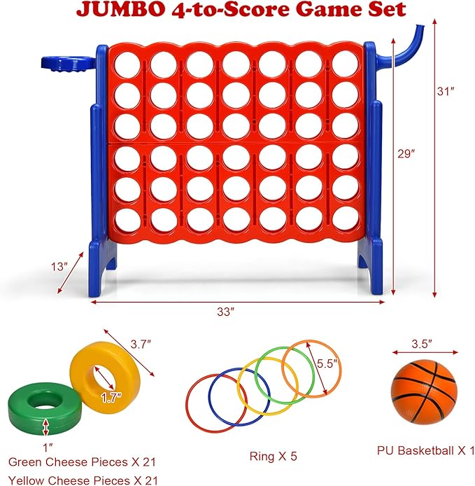 Giant 4 in a Row Connect Game, Jumbo 4 to Score Game Set w/ 42 Chess Rings, Basketball & Hoop, Toss Rings & Quick-Release Lever, Indoor & Outdoor Family Party Game for Kids & Adults