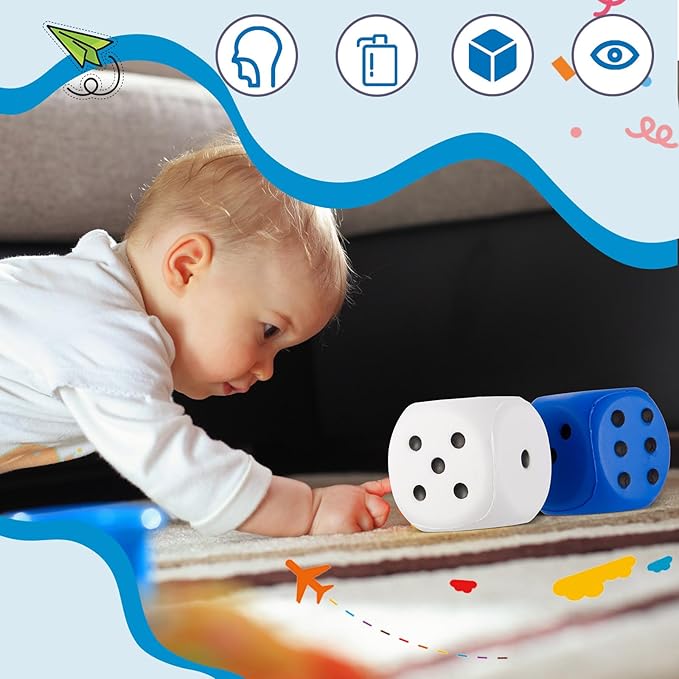 Zomiboo 2 Pcs Large Foam Dice Stress Balls Soft Jumbo 6 Sided Giant Dice Educational Learning Squeeze Anxiety Relieve Toy Gifts for Adults Kids Board Game Classroom(White, Blue,2.3 Inch)