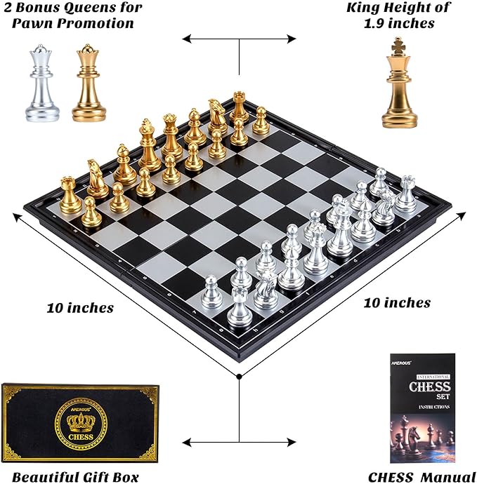 AMEROUS 10'' Magetic Travel Chess Set, Plastic Portable Folding Chess Board Game with Gold and Silver Chess Pieces - 2 Extra Queens - Chess for Beginner, Kids, Adults