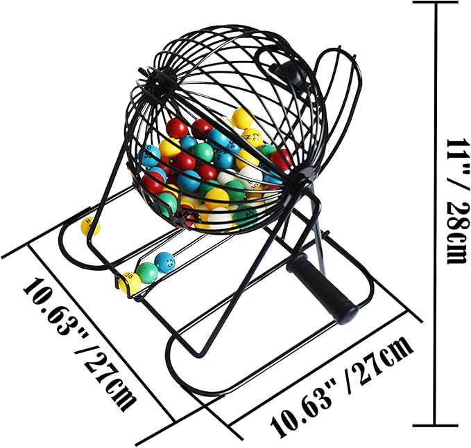 Yuanhe Jumbo Bingo Game Set - 11" Metal Round Cage, 75 Colored Balls, 100 Bingo Cards, 500 Mixed Chips and Master Board for Large Groups, Parties